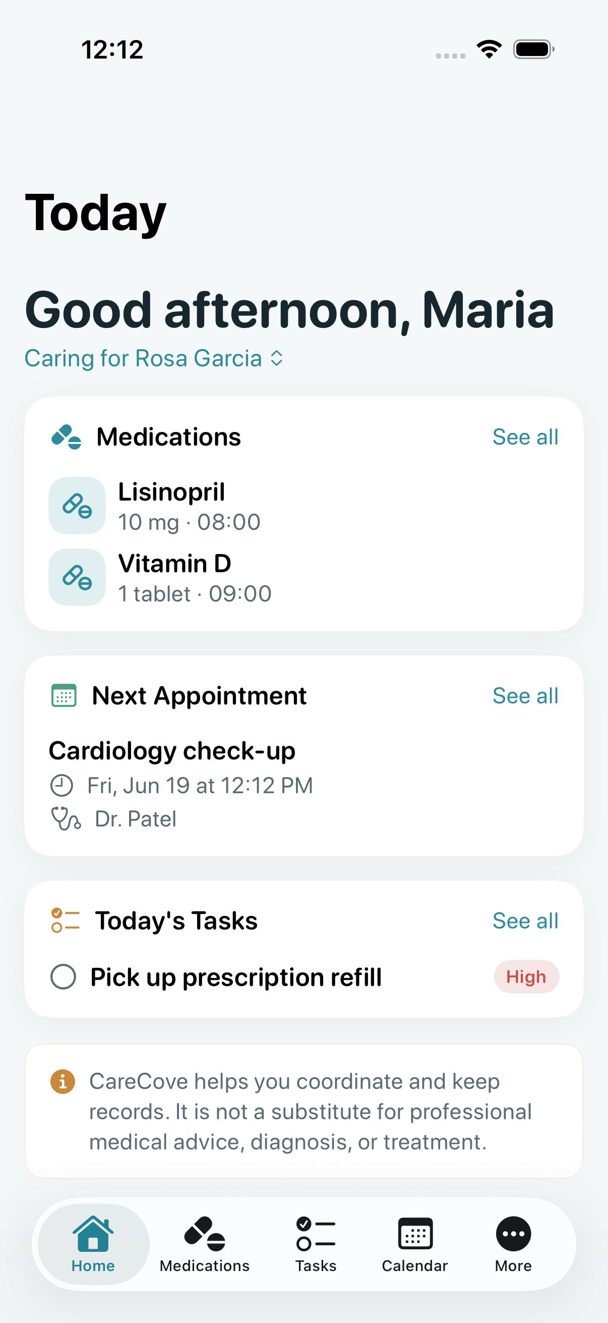 CareCove home screen